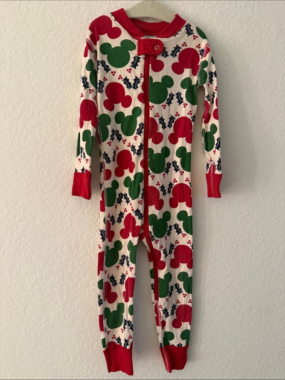 Disney Red, Green & White Mickey Holiday Footed One-Piece PJs
